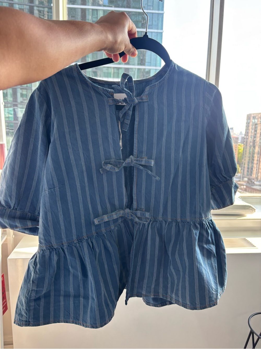 GANNI Cotton Poplin Peplum Tie Blouse